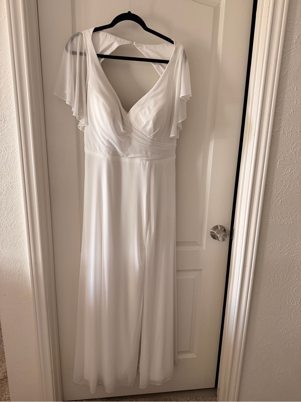 Azazie Elegant White V-Neck Flutter Sleeve Dress